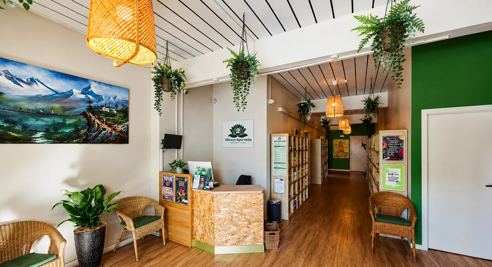 Vibrant Ayurveda clinic reception with a calming wellness atmosphere