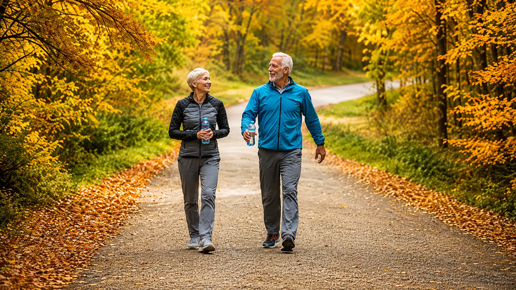Two people walking together on an outdoor path, reflecting gentle daily movement 