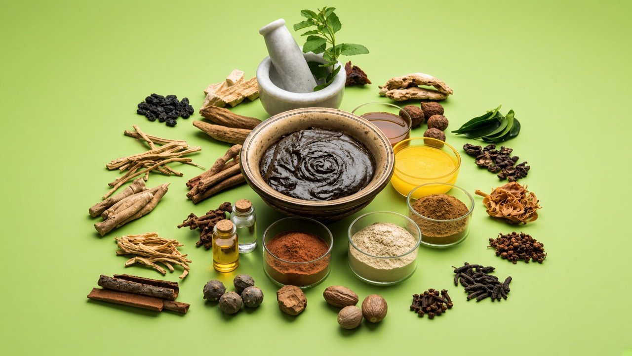 Ayurvedic herbs spices and herbal paste arrangement.