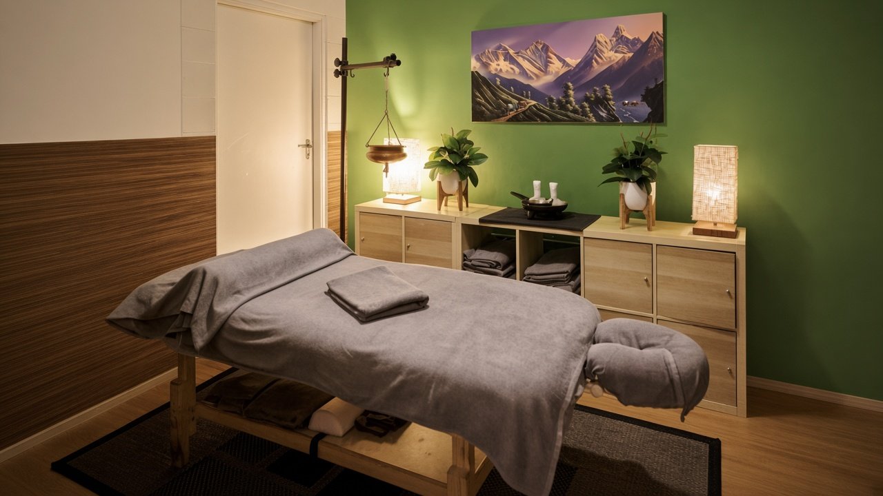 Ayurvedic massage room with treatment table, green wall and mountain painting.