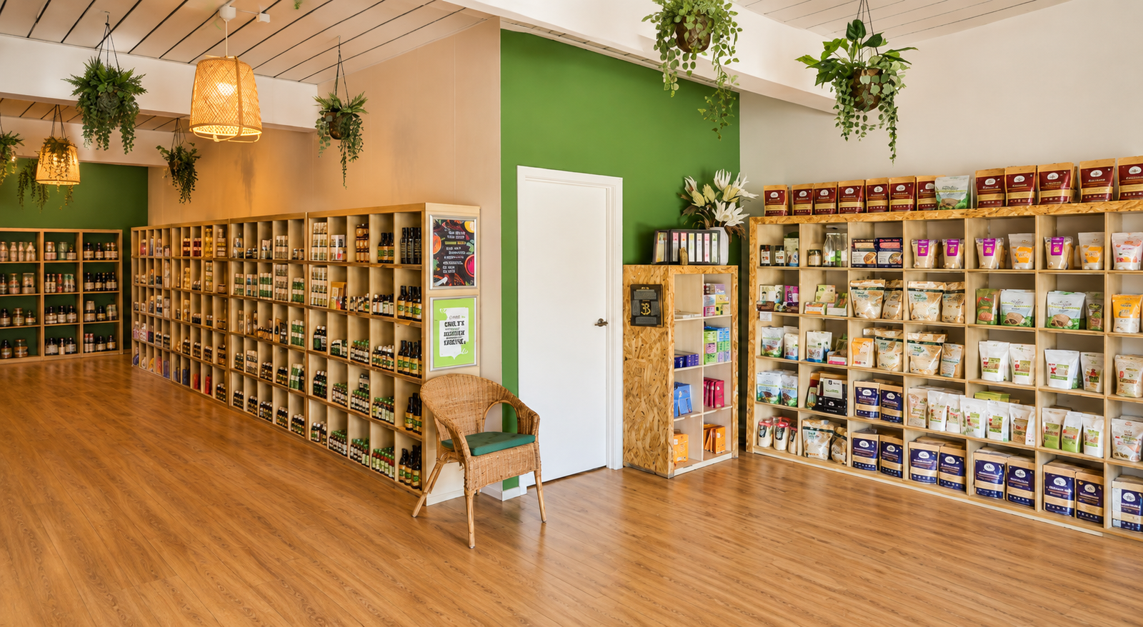 Vibrant Ayurveda store interior with shelves of herbal supplements, organic products and hanging plants