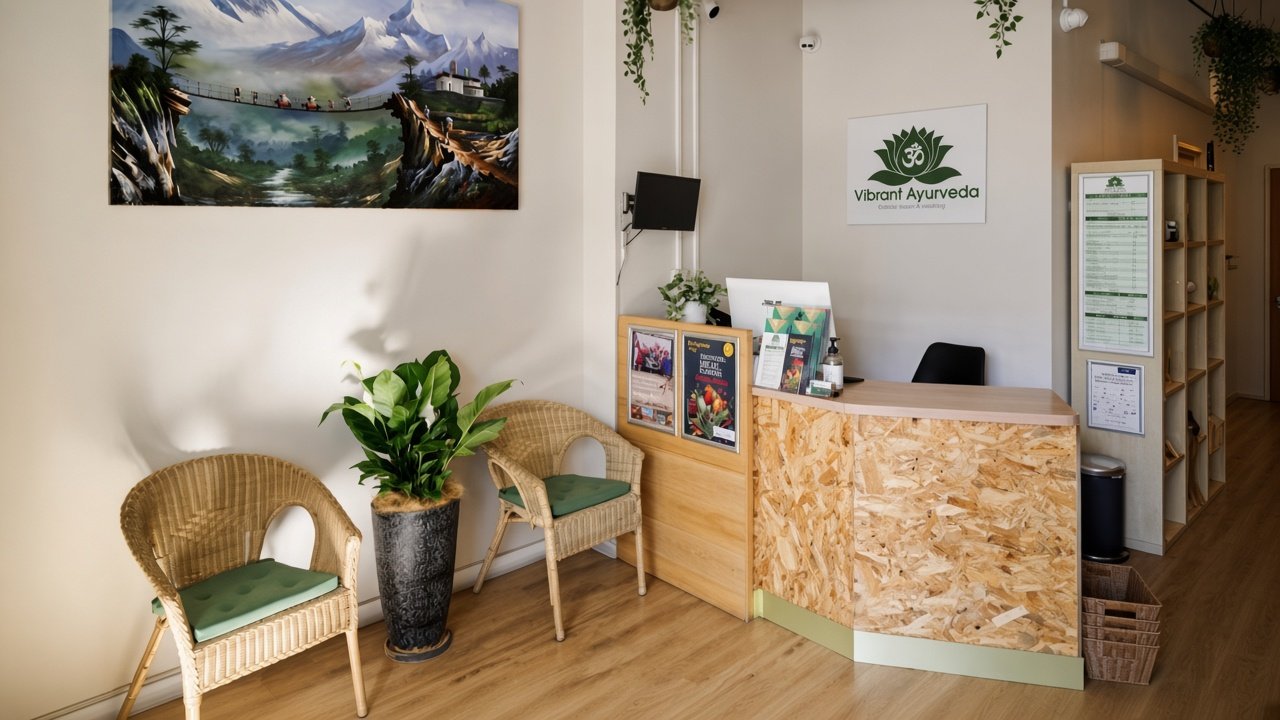 Vibrant Ayurveda reception area with wooden counter, wicker chairs and mountain painting